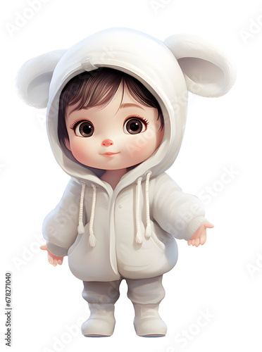 Cute baby girl in winter clothes. Baby doll. Cartoon illustration.