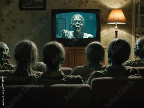 Horrible still from the film: a zombie sitting in front of the TV