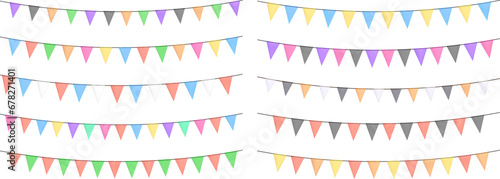 Carnival colorful bunting garlands with flags made of shredded pieces of fabric. Decorative multicolored party pennants for festival, party, birthday celebration.