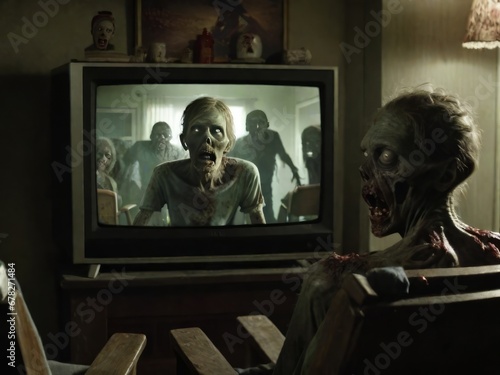 Zombies sitting in front of the TV watching a movie about a zombie apocalypse