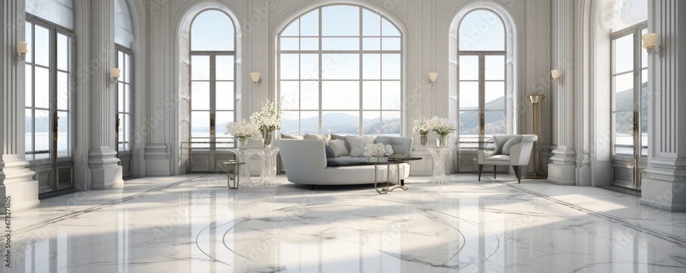 An expansive marble floor in a modern architectural setting, bathed in natural light, highlighting its smooth surface and intricate natural patterns.