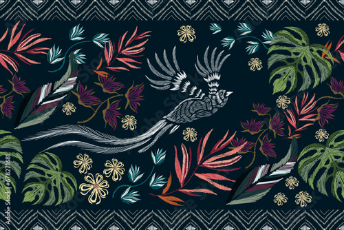 Ethnic pattern bird Mayan tropical flower Ikat embroidery seamless border.Aztec tribal Abstract Ethnic pattern seamless background African Ikat Mexican style.Hand drawn Vector illustration.