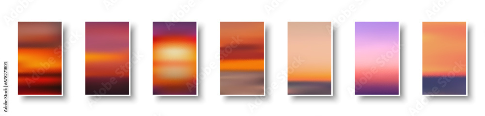 Set of colorful paper sunset and sunrise sea cards. Abstract blurred textured gradient mesh color backgrounds.