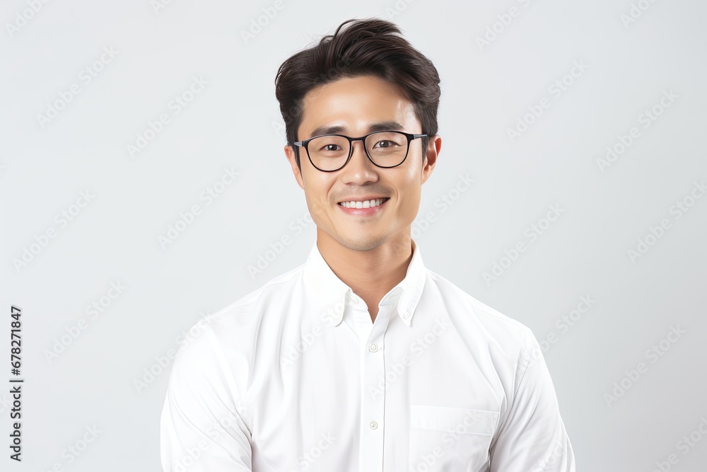 Radiant and cheerful Asian young man showcasing a warm smile against a clean, white background Radiant and cheerful Asian young man showcasing a warm smile against a clean, white background