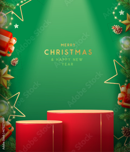 Holiday Christmas showcase green background with 3d red podium and Christmas decoration. Abstract minimal scene. Vector illustration