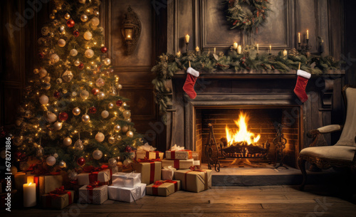 A Cozy Christmas Scene: Living Room with Christmas Tree and Fireplace