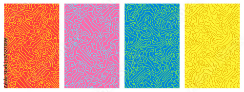 Set of bright colorful cards with textures. Abstract Turing ornament halftone reaction diffusion psychedelic background.
