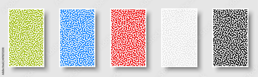 Set of colorful cards with abstract monochrome reaction diffusion psychedelic pattern background. Organic line art biological wallpaper. Turing generative algorithm design. - obrazy, fototapety, plakaty 
