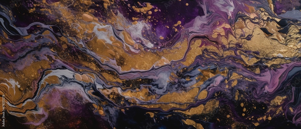Luxury gold purple and black ink marble background.