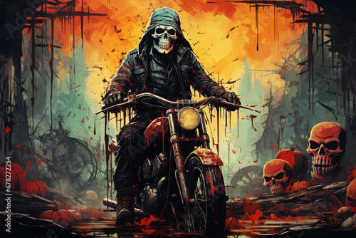 "Grim Rider: Skull-Faced Biker on a Journey Through a Pumpkin-Strewn Wasteland