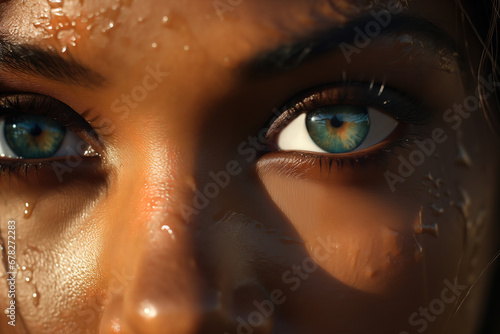 Close-up of a female African American woman face, green eyes looking at camera