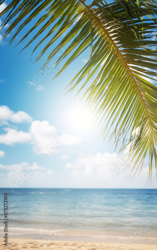 Hermosa imagen de fondo de la playa tropical. Brillante sol de verano sobre el océano. Cielo azul con nubes claras, océano turquesa con olas , palmeras y arena blanca . Armonía de un ambiente limpio © Carmen Martín J.