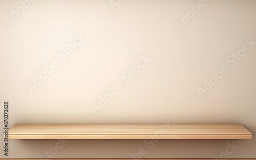 Sencillo fondo beige con un estante de madera y alguna decoración para presentación. Vertical y horizontal. 