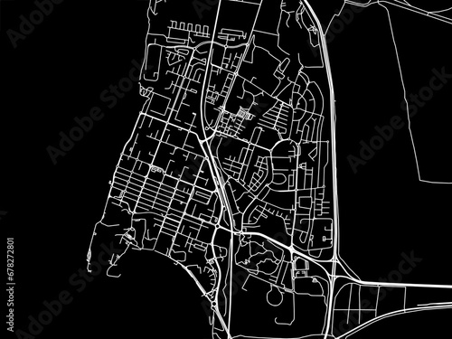Vector road map of the city of Acre in Israel with white roads on a black background.