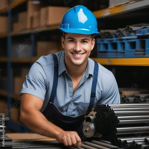 Trabajador con un casco azul sonriendo en el almacén de un taller junto a unas varillas metálicas 