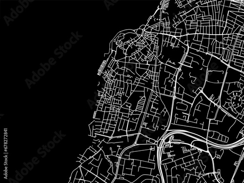 Vector road map of the city of Jaffa in Israel with white roads on a black background.