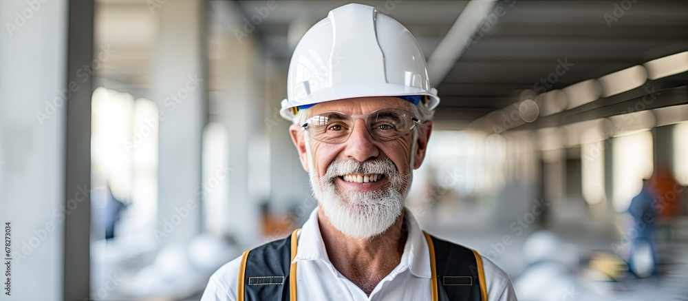 In a bright white background an old man wearing a hard hat stands isolated smiling happily at the camera with a construction site as the backdrop representing the concept of work and busines - obrazy, fototapety, plakaty 