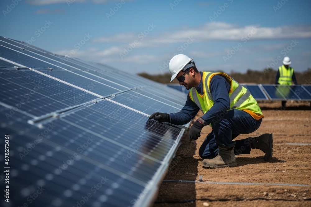 Dedicated Workers Installing Solar Panels in a Field Dedicated Workers Installing Solar Panels in a Field