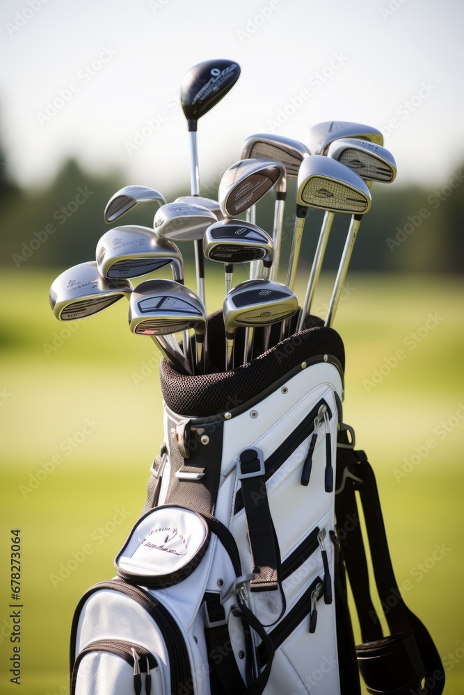 Naklejka premium Golf Clubs in Bag Ready for a Game on Green Course