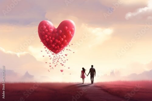 Romantic Couple Walking Towards a Heart-Shaped Balloon at Sunset © esp2k