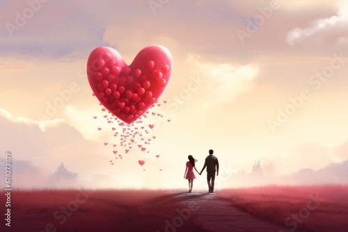 Romantic Couple Walking Towards a Heart-Shaped Balloon at Sunset