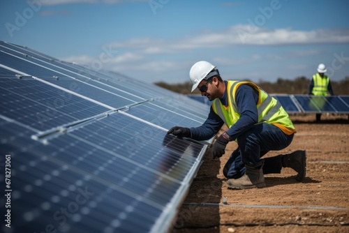Dedicated Workers Installing Solar Panels in a Field