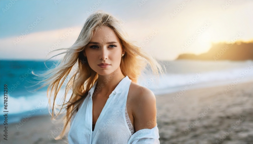 a young blonde woman at the beach while sunset a young blonde woman at the beach while sunset