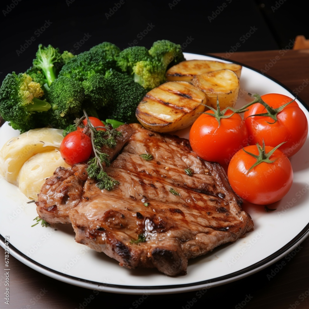 pork steak with potatoes, meat and vegetables pork steak with potatoes, meat and vegetables