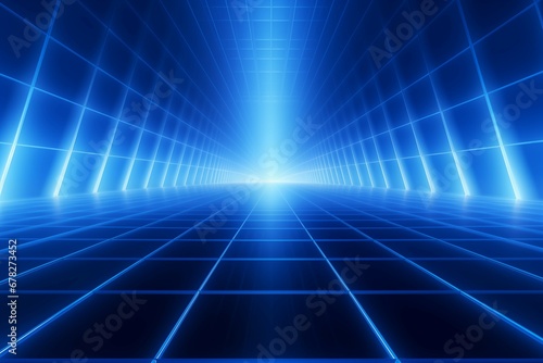 perspective grid line with blue and a bright light technology background