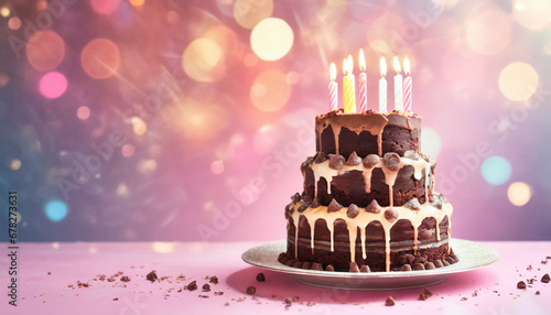 birthday cake with candles on pink background with blurred lights