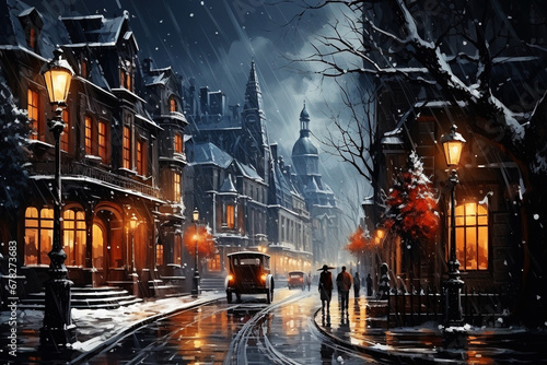 Vintage Winter Scene with Snowfall over Historic City Street at Night