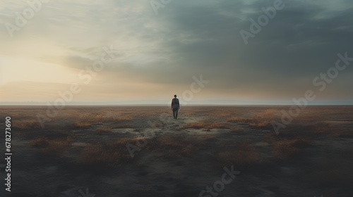 A somber image depicting a lone individual on the brink of an expansive, desolate field, under a gloomy sky, evoking feelings of isolation and melancholy, symbolizing depression.