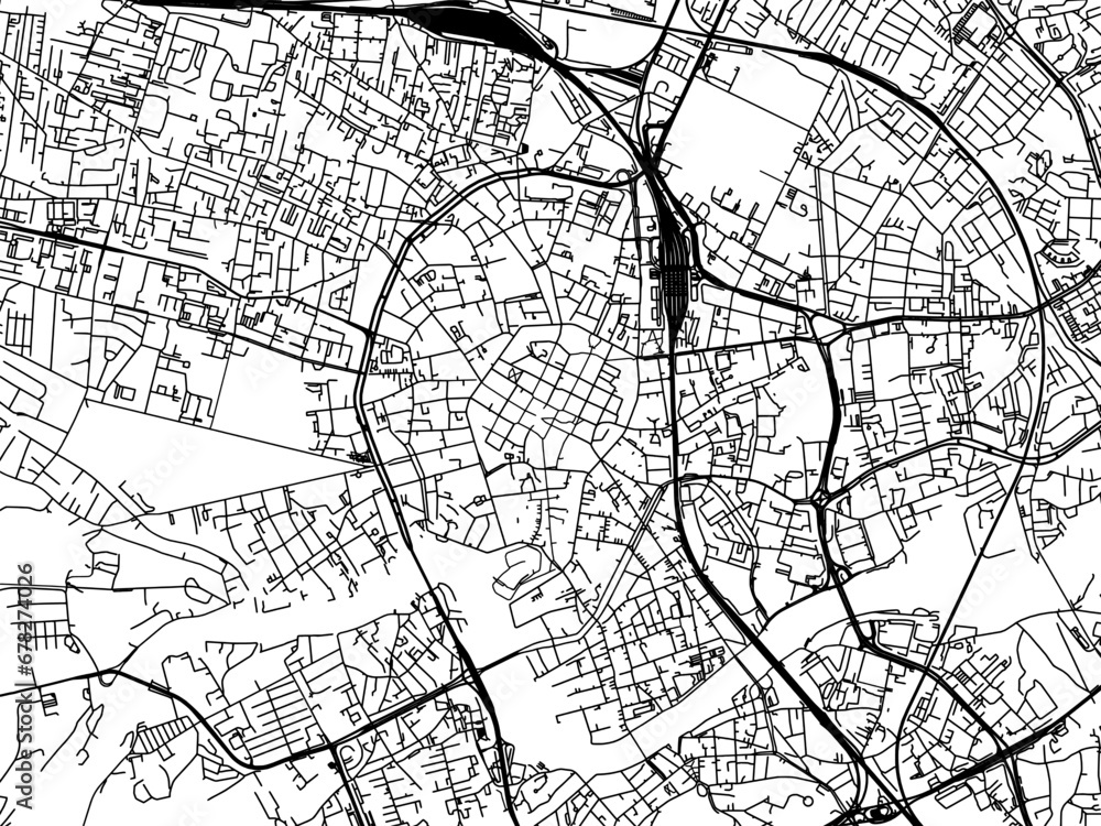 Vector road map of the city of Krakow city center in Poland with black roads on a white background.