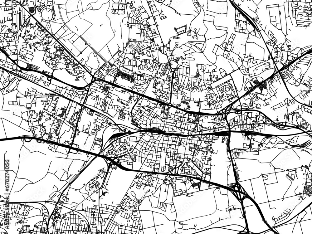 Vector road map of the city of Katowice in Poland with black roads on a white background.
