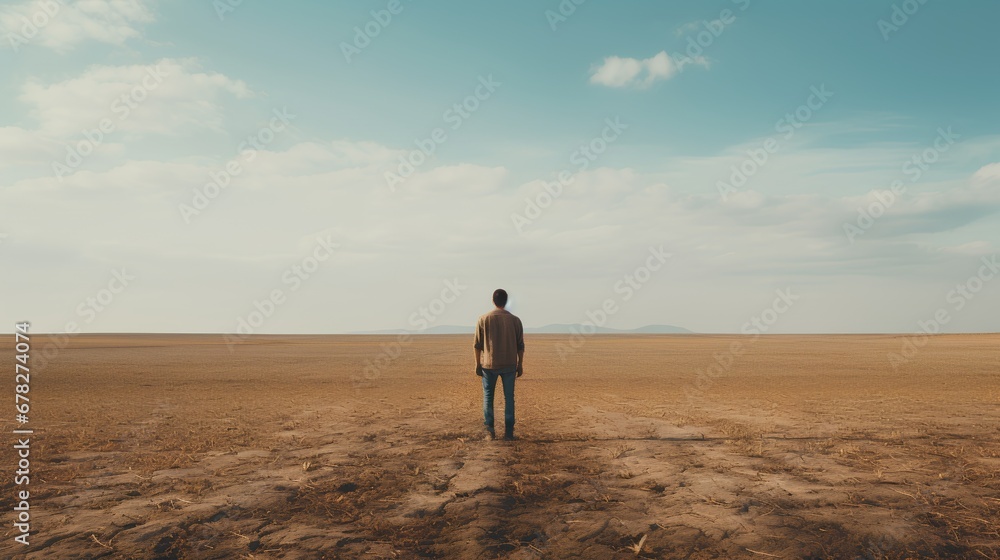 A somber image depicting a lone individual on the brink of an expansive, desolate field, under a gloomy sky, evoking feelings of isolation and melancholy, symbolizing depression.