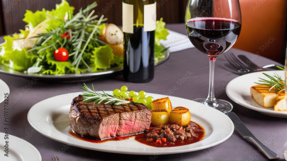 scene a sizzling beef steak succulent beef steak is beautifully plated with a sprinkle of fresh herbs, showcasing its juicy, medium-rare perfection, juicy texture and rich marbling of the meat