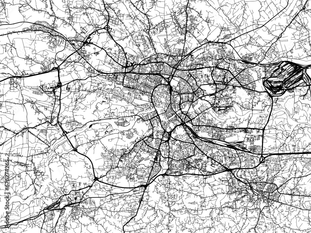 Vector road map of the city of Krakow in Poland with black roads on a white background.