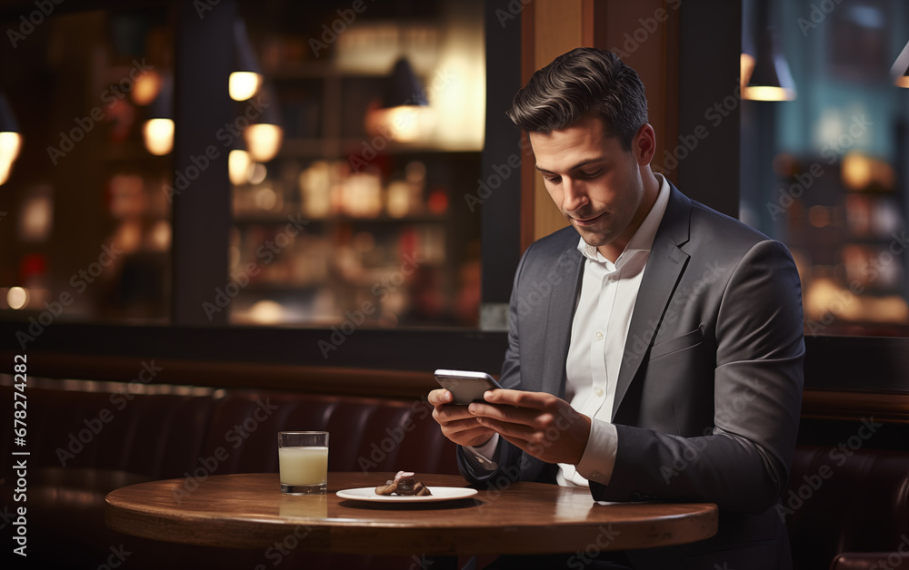 A young business manager with a smartphone and coffee at a restaurant A young business manager with a smartphone and coffee at a restaurant