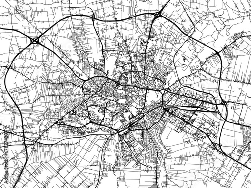 Vector road map of the city of Lublin in Poland with black roads on a white background.