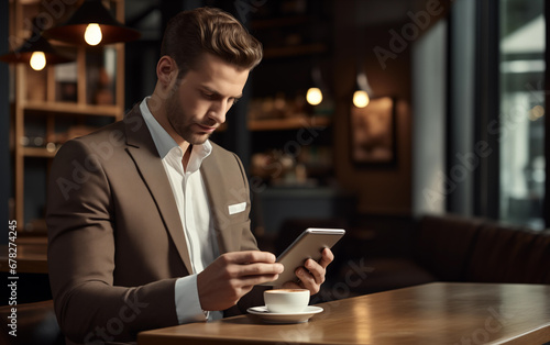 A young business manager with a smartphone and coffee at a restaurant