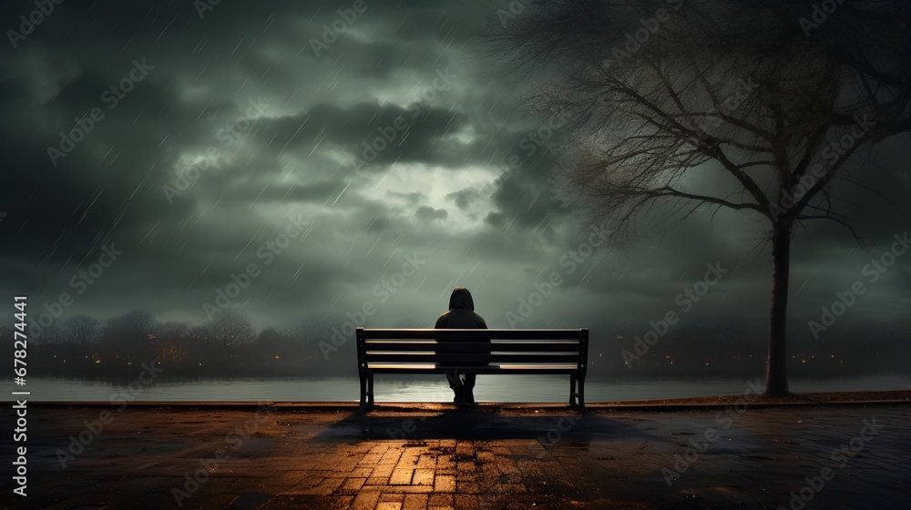 A solitary person is seated on a wooden park bench in contemplation or sadness, surrounded by the tranquility of a deserted park under a gloomy, overcast sky.