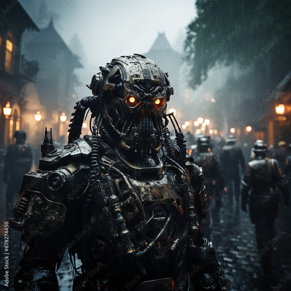 Futuristic Robot Warrior in Rain-Soaked Cityscape with Ominous Glowing Eyes