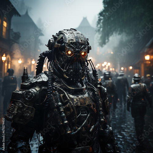 Futuristic Robot Warrior in Rain-Soaked Cityscape with Ominous Glowing Eyes