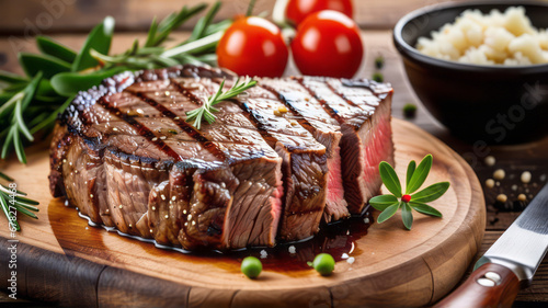 scene a sizzling beef steak succulent beef steak is beautifully plated with a sprinkle of fresh herbs, showcasing its juicy, medium-rare perfection, juicy texture and rich marbling of the meat