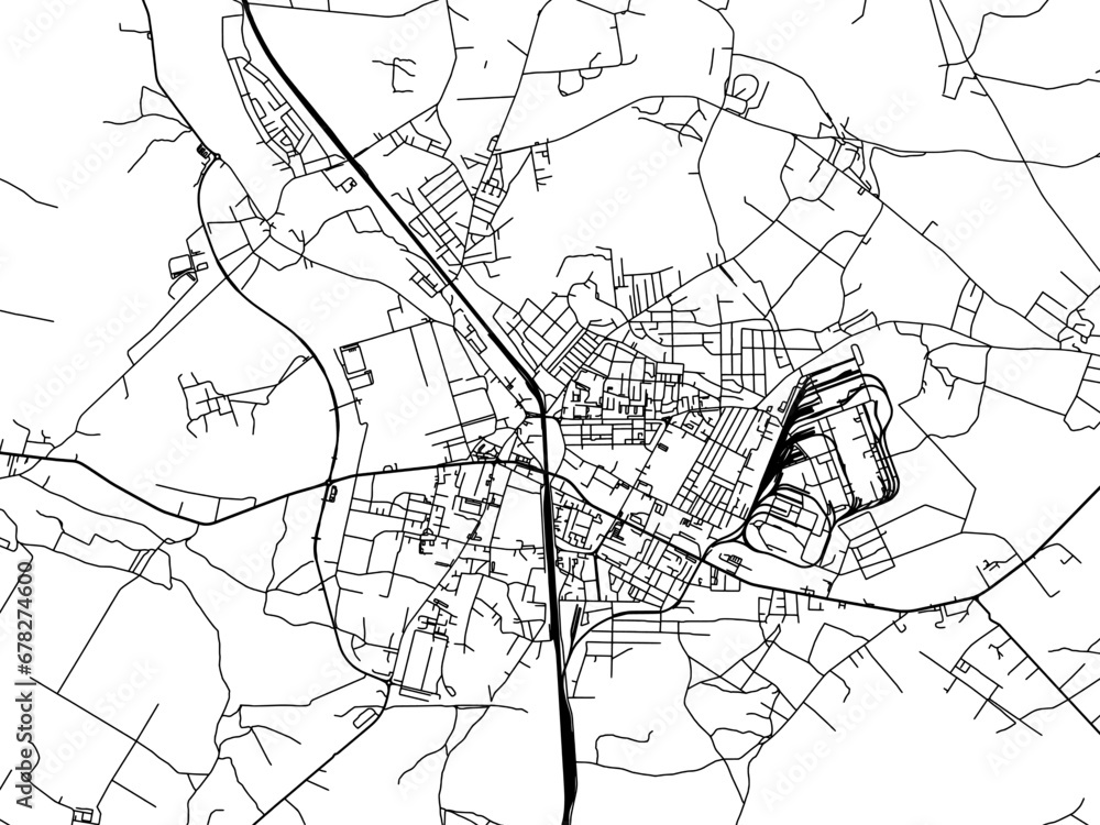 Vector road map of the city of Zawiercie in Poland with black roads on a white background.