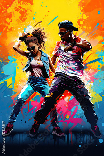 black boy and girl dancing hip hop style, grafitti background