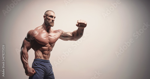 Portrait of extremely muscular man flexing his strong arm photo