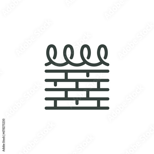 Thin Outline Icon Brick Wall With Barbed Wire. Such Line Symbol as Value Lock-in, Barrier, Prison, Protection. Vector Computer Isolated Pictogram for Web on White Background Editable Stroke.