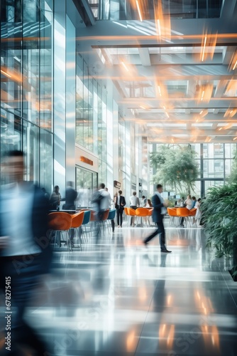 Blurred business people fast movement in office building by Generative AI
