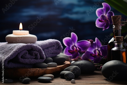 Spa composition with essential oil, violet flowers and towels